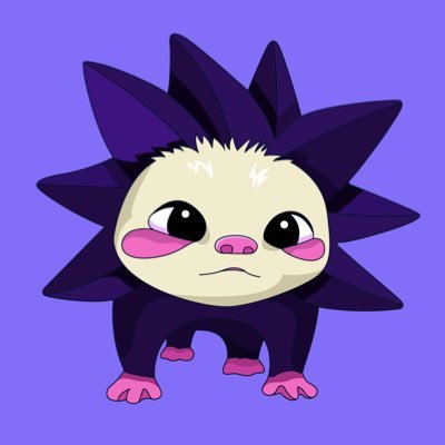 An illustration of a cute, cartoon-style porcupine or hedgehog-like creature with dark purple spiky quills and a pink nose on a light blue background.
