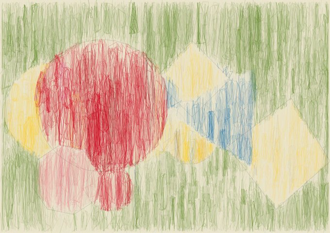 A child's crayon drawing of colorful, abstract shapes in red, yellow, and blue set against a green scribbled background.
