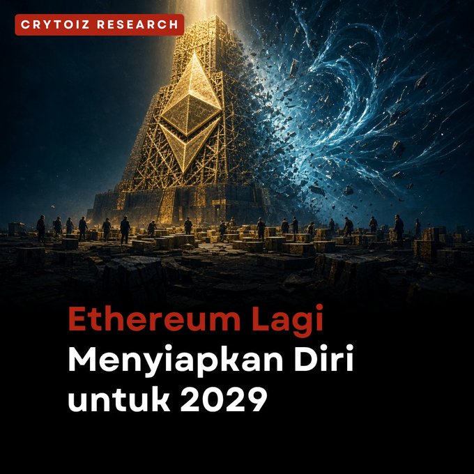 A graphic featuring a large Ethereum logo on a pyramid-like structure with swirling cosmic effects, labeled "CRYTOIZ RESEARCH" and "Ethereum Lagi Menyiapkan Diri untuk 2029" in red and white text.