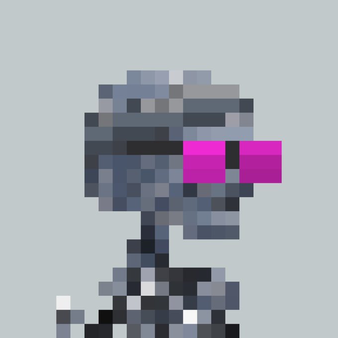 A pixelated, low-resolution artwork of a character with dark hair and bright pink sunglasses on a light gray background.
