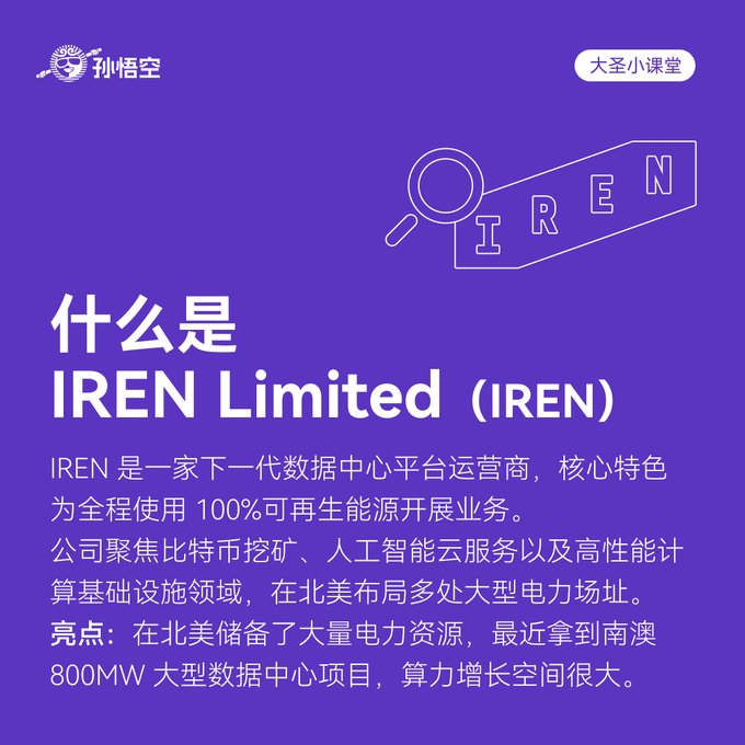 The image features an advertisement for a Chinese company named "IREN Limited" that uses a white background with black text. The text displays information about the company, including its name, the industry it operates in (energy), and their commitment to renewable energy sources. The company is involved in various activities such as Bitcoin mining, AI cloud services, and high-performance computing. The image also includes a magnifying glass icon, which could be related to the company's operations or services.