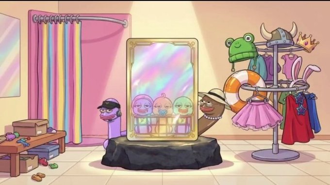 An animated scene featuring three colorful baby figures inside a glowing portal mirror, with various character puppets and costumes displayed on racks nearby.