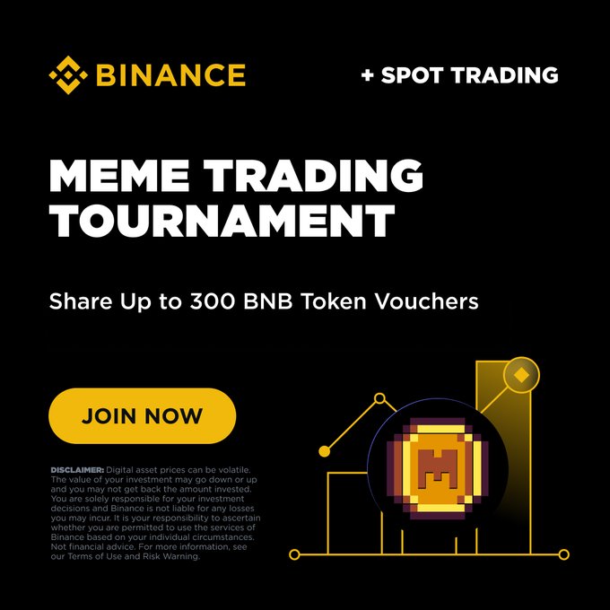 The image features a poster advertising a meme trading tournament at Binance. The poster includes a yellow circle with an orange dot inside, which is a logo for the event. It also displays text that reads "Binance'S MEME TRADING TENNIS TOURNAMENT" and "SHARE UP TO 300 BNB TAKEN VOUCHERS". The poster encourages people to participate in the tournament by sharing their trading strategies with others, as well as offering a prize pool of 300 BNB tokens.