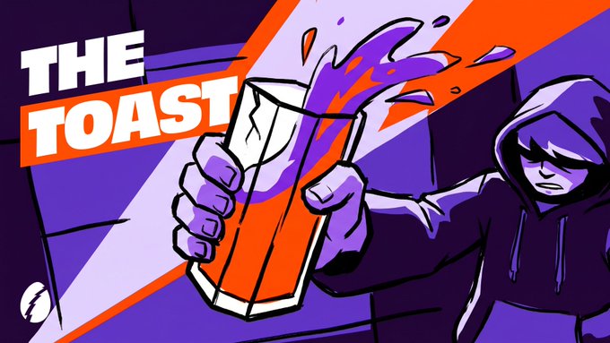 A stylized illustration titled 'THE TOAST' featuring a hooded character holding a glass with red liquid splashing out against a purple and orange background.