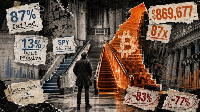 A figure stands before a Bitcoin-themed staircase ascending toward an orange Bitcoin logo, surrounded by torn paper notes highlighting key statistics: "$869,677," "87x," "87% failed," "13% beat passive," "SPY $41,704," "active funds vs passive," "-83%," and "-77%."

The image visually reinforces the post's message by dramatizing Bitcoin's staggering 87x returns versus the SPY's modest $41,704 growth over 10 years, symbolizing the extraordinary power of long-term, consistent growth that leaves most traditional active funds (87% of which failed) far behind.