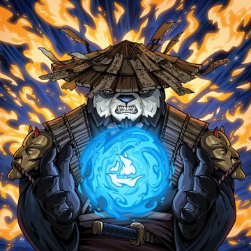 A digital illustration of an anthropomorphic panda warrior wearing a conical hat and armor, holding a glowing blue orb with a flame inside, set against a backdrop of flames.