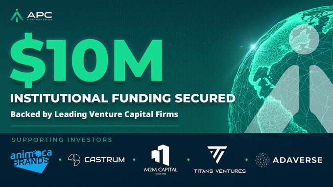 The image features an advertisement promoting $10 million worth of investments secured by a venture capital firm, backed by the animation company @Animocabrands. This partnership with Animation Studios is part of a new fund aimed at driving forward AI+ payment integration in the future. The investment will support the development and growth of companies like TitanVenture, Castrumbul, Adaverse, and M2MCapital.