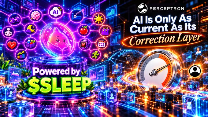 A colorful promotional graphic for Perceptron AI featuring the text 'AI Is Only As Current As Its Correction Layer' and 'Powered by $SLEEP' with various neon tech icons.