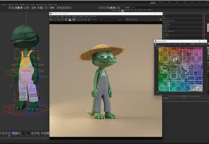 A 3D modeling workspace displays a green dinosaur-like character wearing denim overalls and a straw hat, viewed in Marmoset Toolbag, with the UV map of the overalls visible on the left and a Marvelous Designer UV editor window showing the flat pattern layout. The screenshot showcases the character development work being done for the @keepitKrocco project, highlighting the simple yet expressive character design and detailed clothing construction that the post praises.