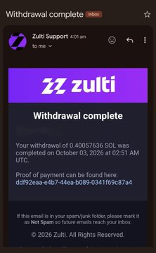 The image shows a Gmail notification from Zulti Support confirming a withdrawal of 0.40057636 SOL completed on October 3, 2026, at 02:51 AM UTC, with a transaction proof link provided. This relates to the post by illustrating a successful withdrawal from Zulti, reinforcing the advice to stay consistent and work toward the withdrawal threshold rather than expecting immediate cashouts.
