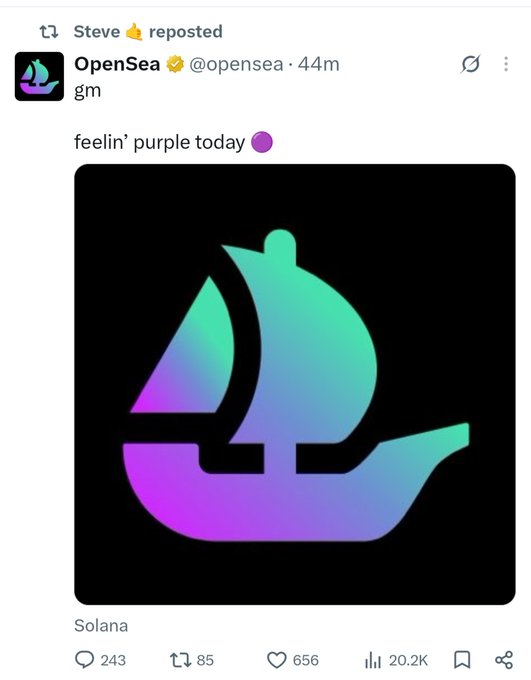 A screenshot of a retweeted post from OpenSea (@opensea) showing a purple/green gradient sailboat logo with the text "gm" and "feelin' purple today 🟣", tagged with Solana, gaining 20.2K views. The poster mocks this as a typical low-effort OpenSea marketing stunt with no actual update on the $SEA token.