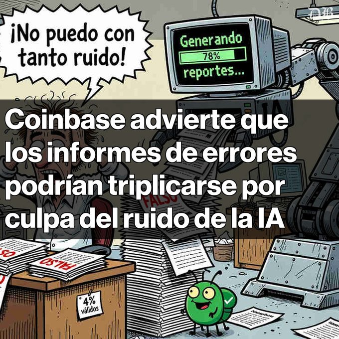 A Spanish-language meme showing a stressed worker with the text "¡No puedo con tanto ruido!" next to a robot generating reports at 78%, overlaid with news text: "Coinbase advierte que los informes de errores podrían triplicarse por culpa del ruido de la IA".