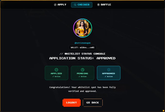 A screenshot of a 'WHITELIST STATUS CONSOLE' showing 'APPLICATION STATUS: APPROVED' for user @hottiebabegxm with wallet ending in .cnM1.