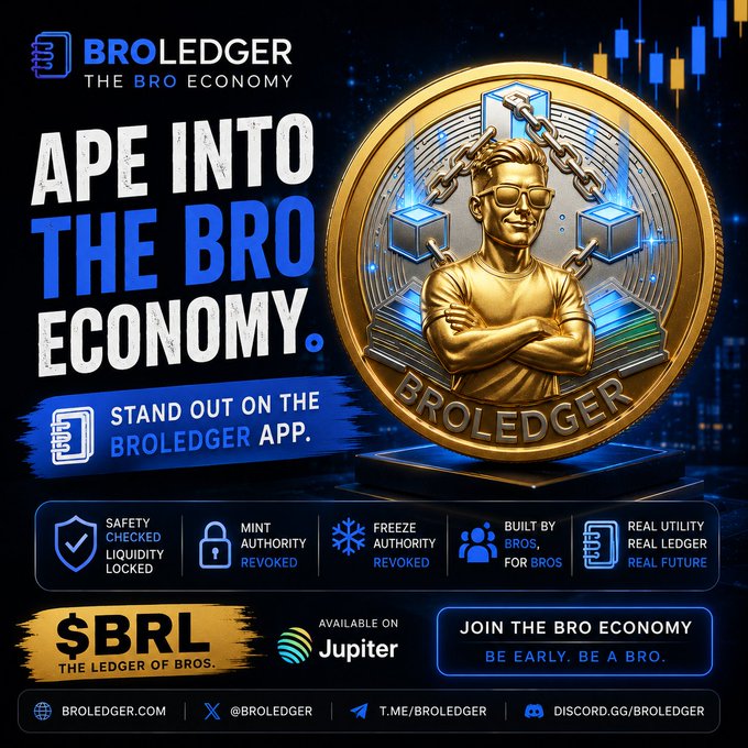 A cryptocurrency promotional image for 'BROLEDGER' featuring a large golden coin with a man wearing sunglasses and crossed arms, with text 'APE INTO THE BRO ECONOMY', '$BRL THE LEDGER OF BROS', and 'AVAILABLE ON Jupiter', listing features like safety checked liquidity locked and mint authority revoked.