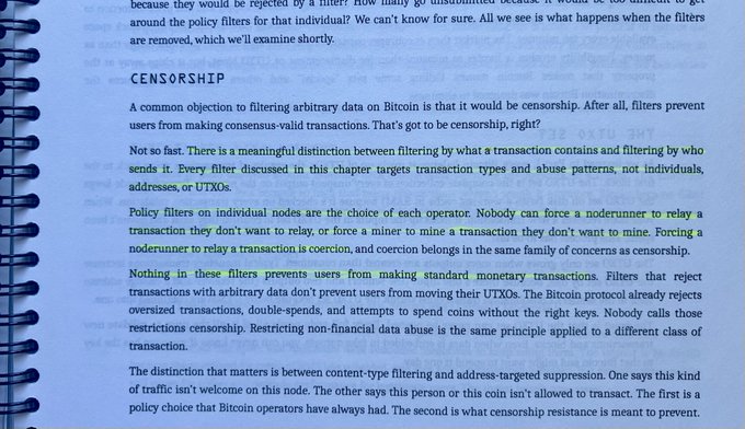 A page from a spiral-bound book discussing Bitcoin censorship and transaction filters, explaining the difference between content-type filtering and address-targeted suppression under the heading 'CENSORSHIP'.