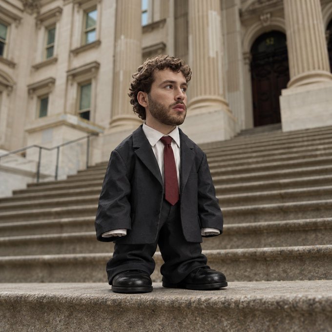 A man with curly hair and a beard, wearing an oversized black suit and red tie, stands on the stone steps of a large, classical building.