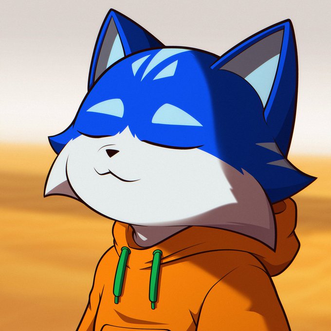 A digital illustration of a happy blue and white anthropomorphic fox character wearing an orange hoodie with green drawstrings, eyes closed in a content smile.