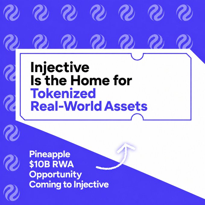 A blue and white promotional graphic for Injective, stating 'Injective Is the Home for Tokenized Real-World Assets' and mentioning a '$10B RWA Opportunity Coming to Injective'.