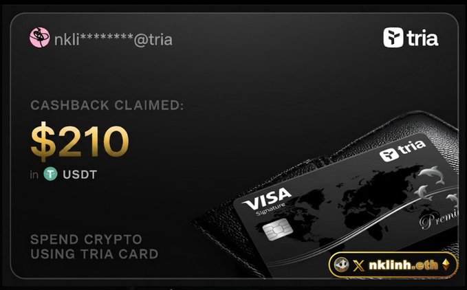 The image features a screenshot of a credit card advertisement posted on an online marketplace. The credit card has a black background with white text, and it appears that the viewer's cursor is hovering over the text, which reads "Cashback claimed". The credit card also offers a reward of $210 if the user spends $120 using the Tria Card. Additionally, there are two coins visible in the image that seem to be related to cryptocurrency.
