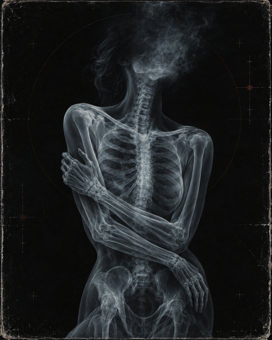 An X-ray-style artwork depicts a translucent female figure with crossed arms against a dark background.