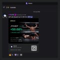 A blurry dark-mode screenshot of a Discord or similar chat interface showing a post with a green '+50.00%' profit indicator.