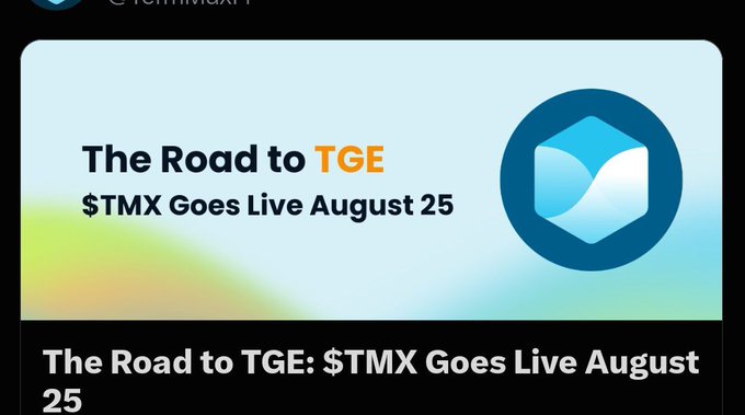 A promotional graphic with text 'The Road to TGE: $TMX Goes Live August 25' alongside a blue cube logo.