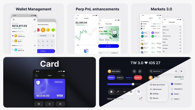 A promotional collage showcasing Trust Wallet's app features including Wallet Management ($212,611.03 balance), Perp PnL enhancements (+32.56%), Markets 3.0, a Visa Crypto Card ($8,830.00), and a "TW 3.0 iOS 27" interface preview. The image visually previews the upcoming 2026 upgrades mentioned in the post, highlighting the new crypto card, Hyperliquid trading improvements, and enhanced UX.