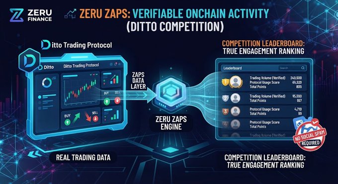 Infographic from Zeru Finance illustrating 'ZERU ZAPS: VERIFIABLE ONCHAIN ACTIVITY (DITTO COMPETITION)', showing a flow from Ditto Trading Protocol through a ZAPS Data Layer and Zeru Zaps Engine to a Competition Leaderboard.