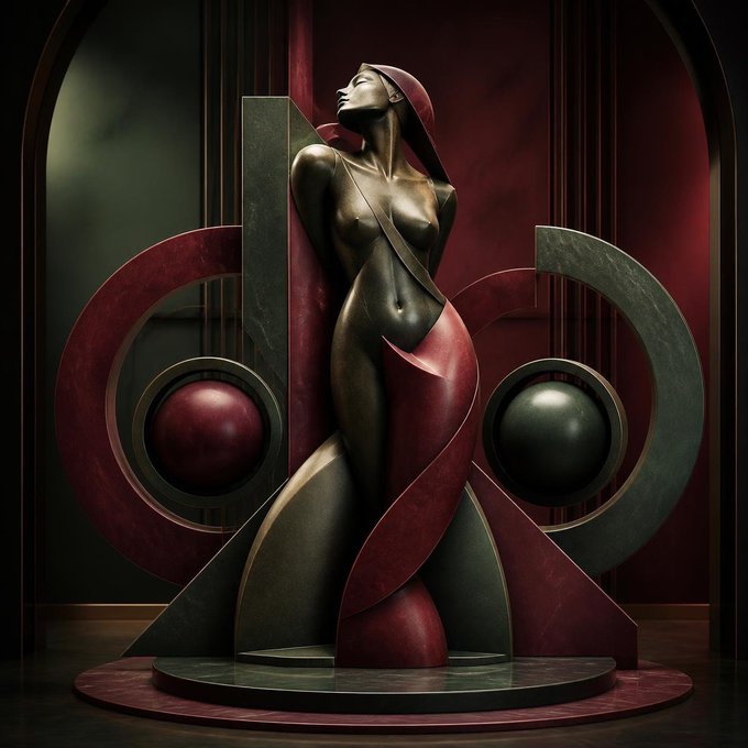 A bronze statue of a stylized female figure wearing a draped red garment stands on a circular pedestal surrounded by Art Deco-style sculptural pieces with circular red and green elements.