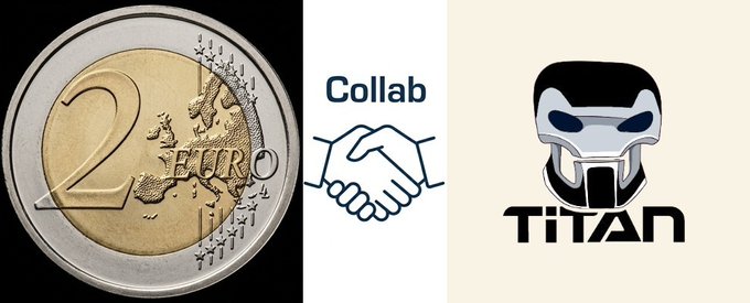 A composite image shows a 2 Euro coin on the left, a 'Collab' handshake logo in the center, and the 'TITAN' blockchain logo on the right.