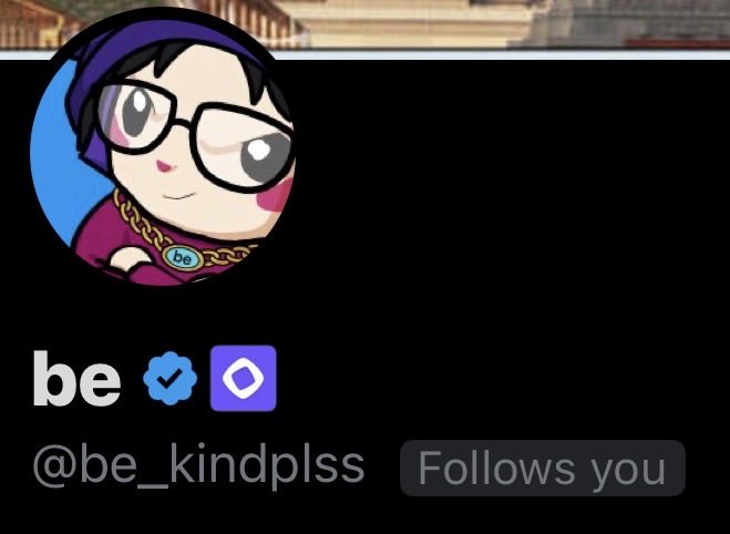 A profile page showing the user "be" (@be_kindplss) with a verified blue checkmark, featuring a chibi-style cartoon avatar of a character wearing sunglasses, a purple beanie, and a "be" chain medallion, tying into the post about the Monad founder adopting a Chog NFT as his profile picture.