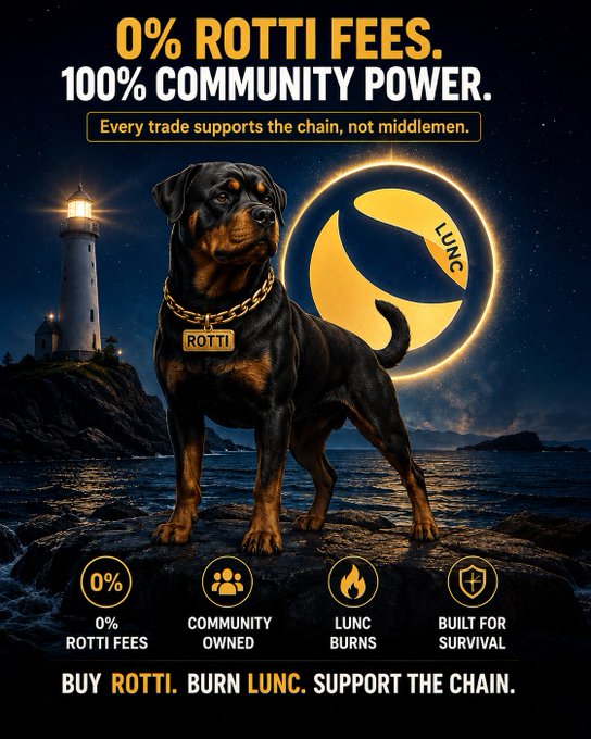 A promotional poster reads '0% ROTTI FEES. 100% COMMUNITY POWER.' and shows a Rottweiler with a 'ROTTI' tag standing on a rocky shore at night, alongside 'LUNC' branding.