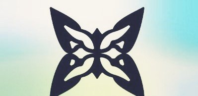 The image features a black butterfly-like shape with wings spread out against a light blue background. The butterfly appears to be made from paper, giving it a unique and artistic appearance. The butterfly's wings are spread wide open, showcasing its intricate design.