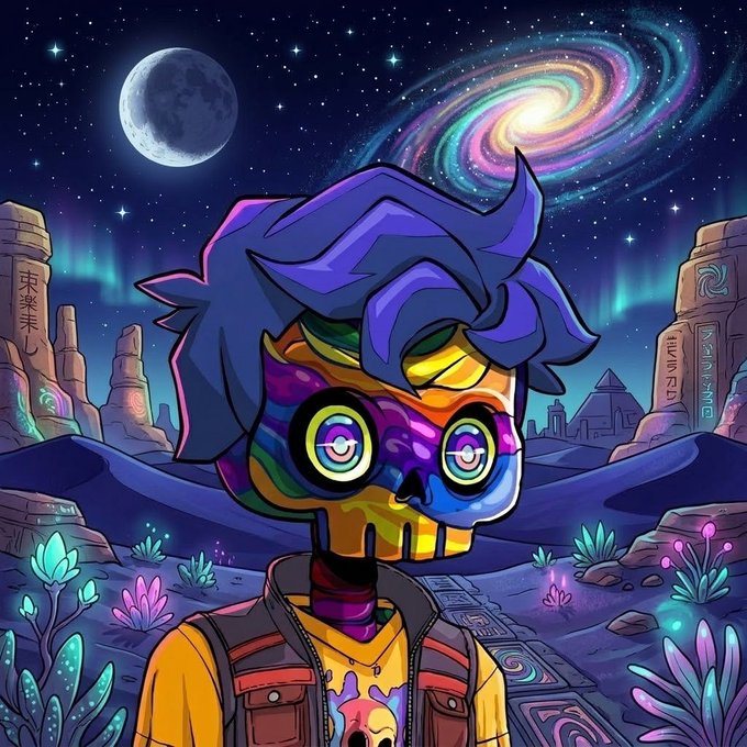 A vibrant psychedelic digital illustration of a colorful skull-headed character with purple hair, set against a cosmic background featuring a moon, spiral galaxy, aurora, and desert landscape with rune-covered stones.