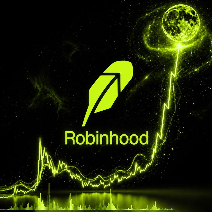 A stylized Robinhood logo appears in neon green above an electric green stock chart that surges upward toward a glowing moon, visually reinforcing the post's bullish 100x sentiment by suggesting a meteoric, lunar-bound price trajectory.