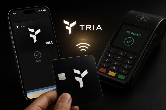 The image features a person holding up two cards - a credit card and a mobile payment app - both displaying the word "Tria" on them. The credit card has a Visa logo, while the mobile payment app has a Tria logo. The text in the image suggests that these cards are designed to make transactions easier for users by consolidating different payment methods into one convenient platform.