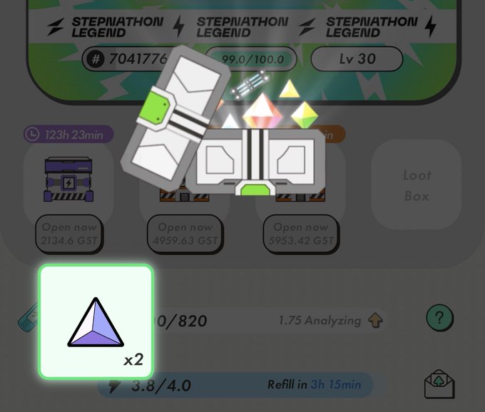 A Stepn app screen titled 'STEPNATHON LEGEND' at Level 30 showing energy refills (123h 23min), loot boxes priced in GST, and a sneaker NFT.