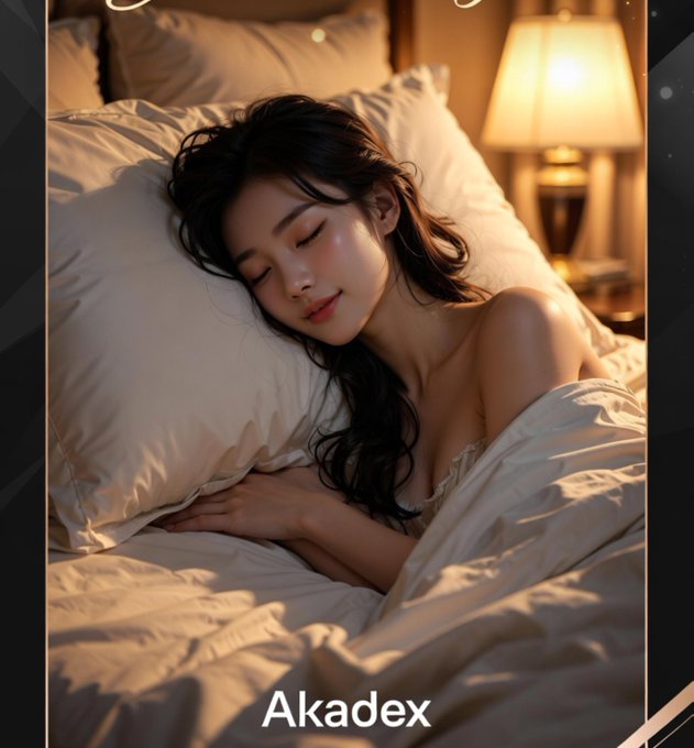 An artistic image of a young woman with long dark hair peacefully sleeping on a white pillow in a warmly lit bedroom, with the text 'Akadex' visible at the bottom.