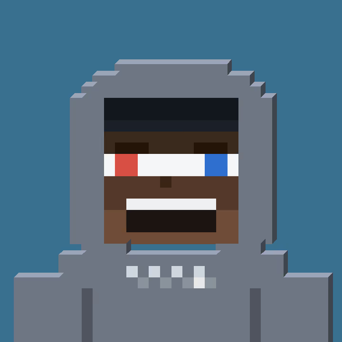 A pixel art-style portrait of a gray hooded figure with a stylized face featuring red and blue color blocks on a blue background.