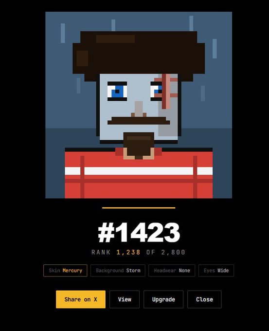 A pixel art avatar of a bearded character with a wide-brimmed hat and red shirt is displayed with the identifier '#1423' and 'RANK 1,238 OF 2,800' alongside customization options for skin, background, headwear, and eyes.