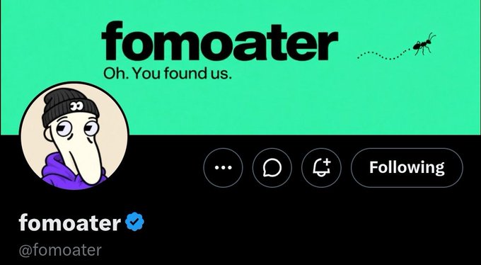 A Spotify/streaming platform profile for the artist 'fomoater' (verified), featuring a cartoon avatar with a beanie and the tagline 'Oh. You found us.'
