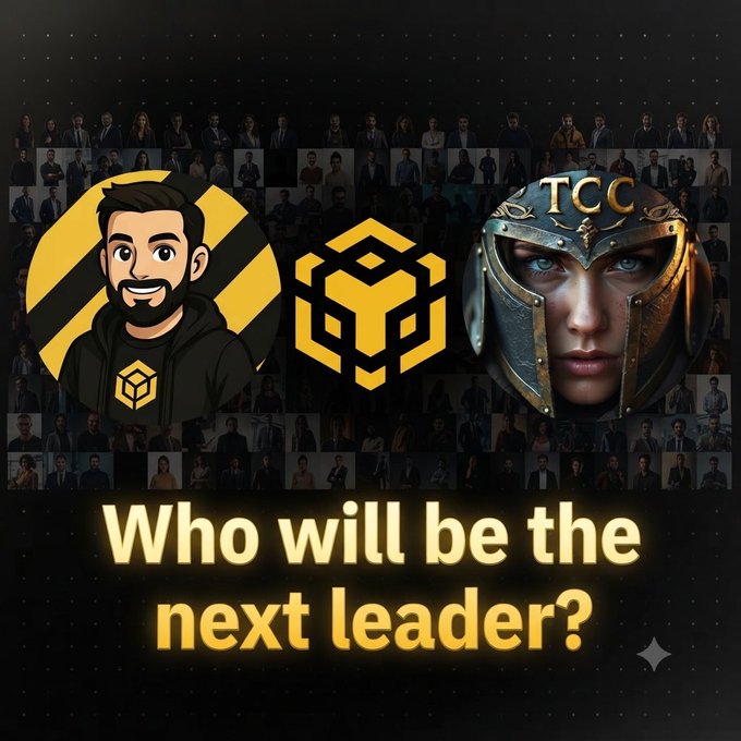 The image features a promotional graphic asking "Who will be the next leader?" with a cartoon avatar of @Abrlien on the left, the BNB Chain logo in the center, and a warrior-helmeted character representing @TCryptochicks (TCC) on the right, set against a backdrop of numerous smaller avatars. This visual ties to the post's announcement that these two builders have launched BNB Chain's initiative celebrating top builders in the crypto space, highlighting their accomplishments in user growth, stablecoin and RWA trading, and DEX volume.