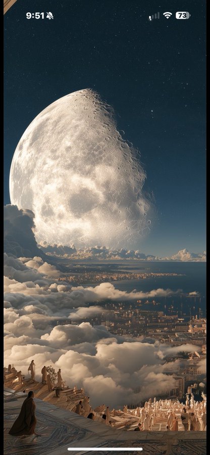 A mobile phone lockscreen showing a surreal, fantasy landscape with a massive moon rising over a city and clouds, with small figures in robes gathered on a terrace. The time reads 9:51 with 73% battery.