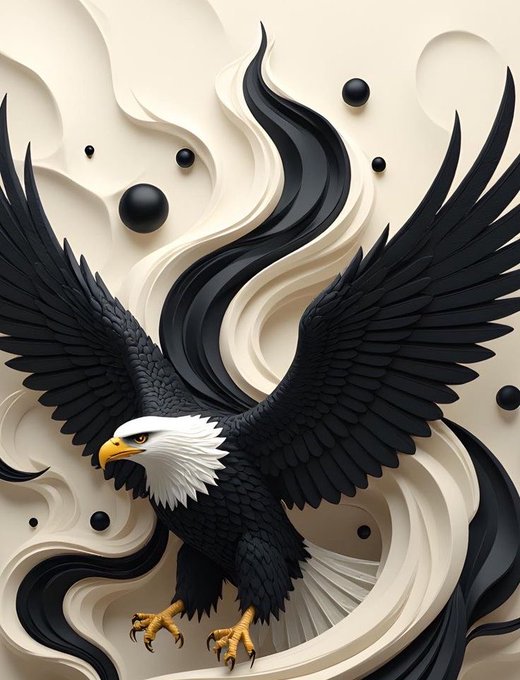 A stylized 3D paper-cut art illustration of a bald eagle with spread black wings, a white head, and yellow talons, set against a flowing cream and black background with scattered dark spheres.