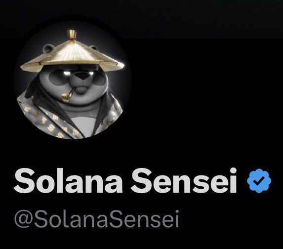 The image shows a Twitter/X profile for "Solana Sensei" (@SolanaSensei) featuring a panda avatar wearing a traditional straw hat and smoking a pipe, accompanied by a blue verified checkmark next to the name. The verification badge in the profile directly reflects the post's celebratory tone about being "verified" again by "Mfers," confirming the blue check that's the focus of the user's excitement.