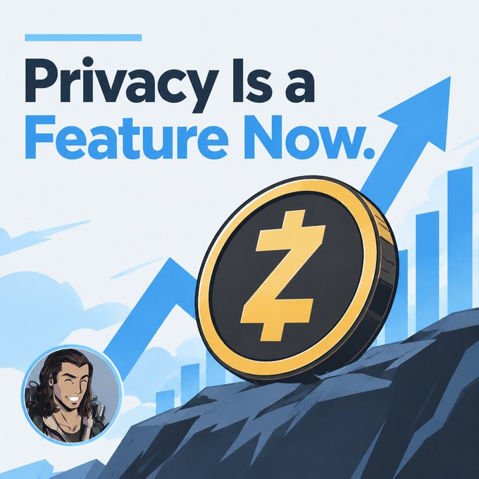 A promotional graphic features the Zcash logo on a rock with the text 'Privacy Is a Feature Now.' and a cartoon avatar in the corner.