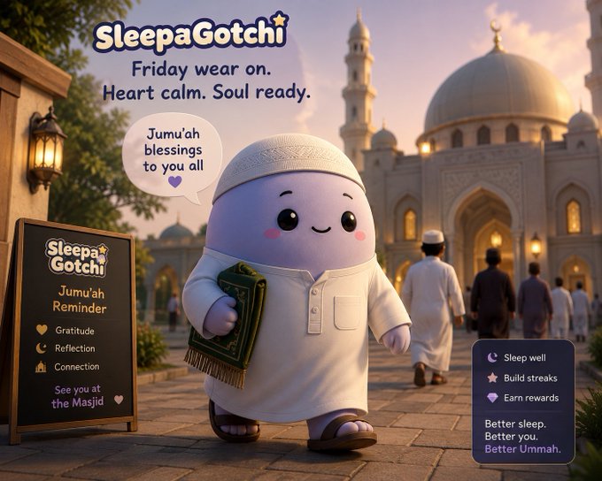 A cute, round cartoon character named "SleepaGotchi" wearing a white prayer cap and robes holds a prayer mat outside an ornate mosque, with a sign reading "Jumu'ah Reminder: Gratitude, Reflection, Connection — See you at the Masjid!" and text offering "Jumu'ah blessings to you all" alongside features like "Sleep well, Build streaks, Earn rewards."

The image ties into the post's theme by personifying the $SLEEP token's sleep-tracking economy as an adorable Islamic "Jumu'ah reminder" mascot, emphasizing that healthy sleep is part of a holistic lifestyle of gratitude and spiritual reflection.