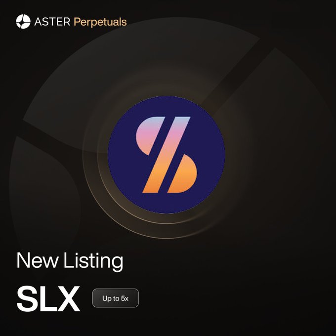 The image features a logo for a new listing service called "SLX", which stands out against a black background. The logo consists of a blue circle with an orange "S" inside, surrounded by a white border. Below the logo, there is text that reads "New perp listing on $ASTER +1.2x trading points". This suggests that the service offers a new way for users to find and invest in undervalued companies or assets.