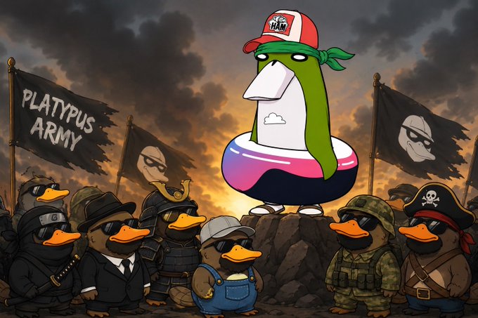 A towering cartoon platypus wearing a "HAM" trucker hat and green bandana stands atop a rock, leading a diverse army of duck characters dressed as ninjas, samurai, soldiers, and pirates. A black flag reading "PLATYPUS ARMY" waves alongside other banners depicting masked ducks, rallying the troops for the $Platypus army launch.