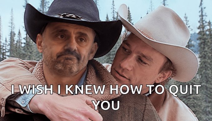 A scene from the movie 'Brokeback Mountain' showing two men in cowboy hats embracing, with white text overlay reading 'I WISH I KNEW HOW TO QUIT YOU'.